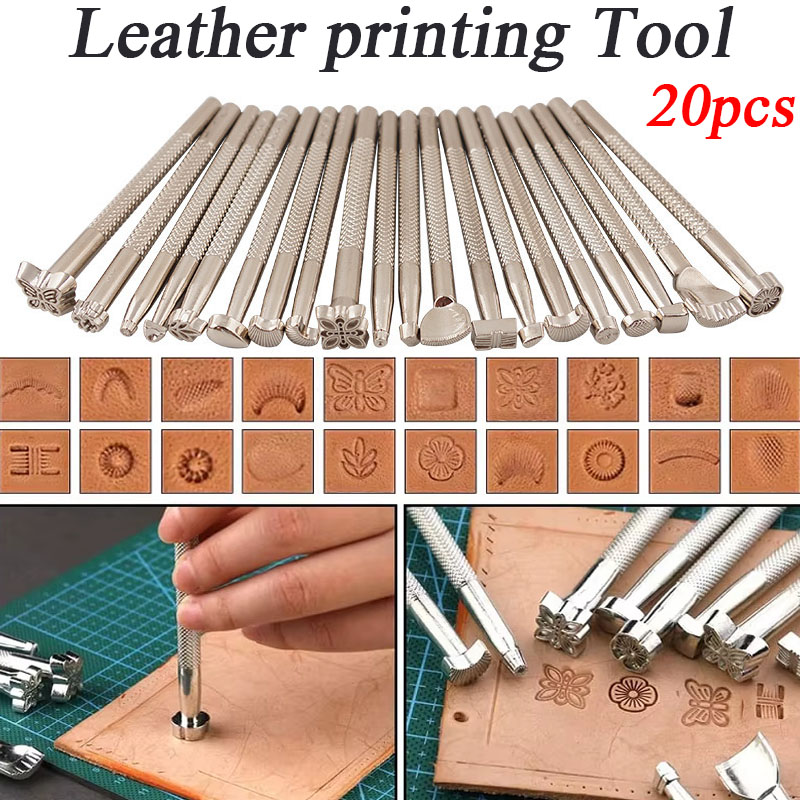 Leatherwork Punch - 20個入り革印鑑彫刻ツールセット、スタンプ印刷パンチツールキット、革工芸DIYアートワーク用サドル製作ツール