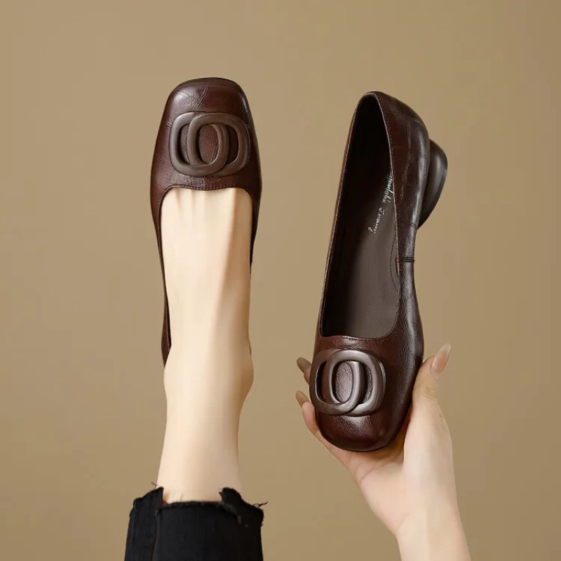 Leather Work Heels - フランス風レディースシューズ パンプス レザーシューズ スクエアトゥ ファッションシューズ 女性用フットウェア