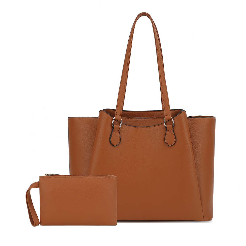 For Leather Work - 女性用トートバッグ、ポーチ付き大型PUレザーショルダーハンドバッグ、13.5インチのラップトップ用ワークトラベルショッパーバッグ、ブラウン、オフィス用