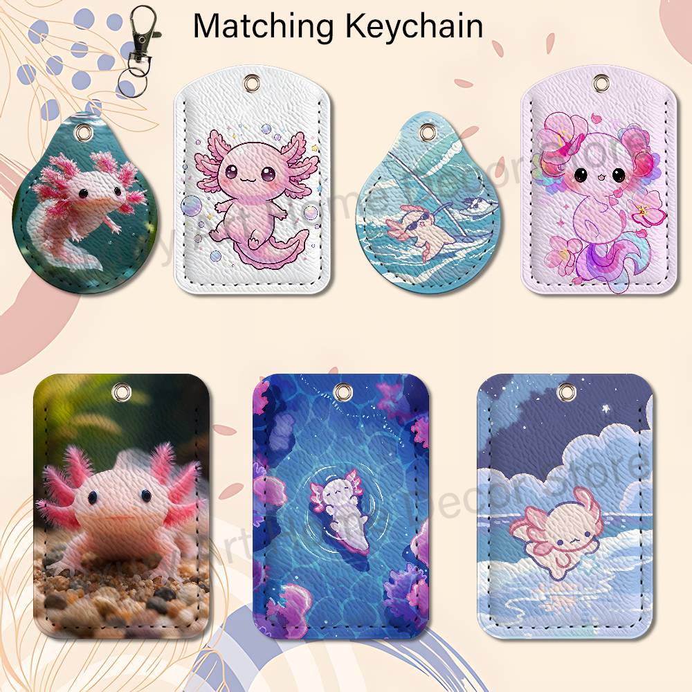 For Leather Work - かわいいピンクの A-Axolotl 漫画ホルダーキーホルダー仕事用カード銀行ビジネスホルダー学生カード保護ケースバスカード