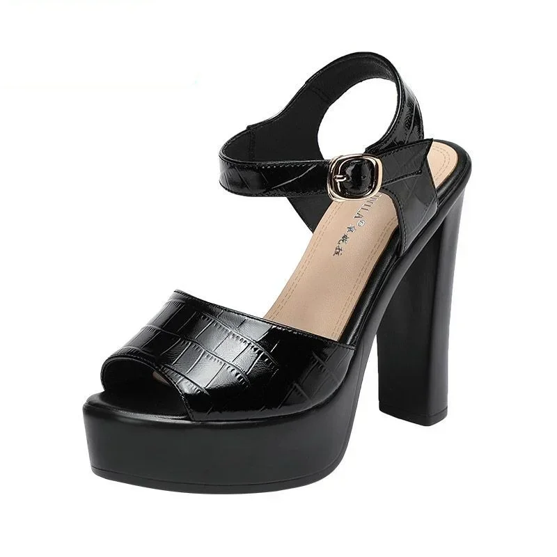 Leather Work Heels - 10cm 13cm ファッション本革サンダル 厚底プラットフォームシューズ 夏 2025