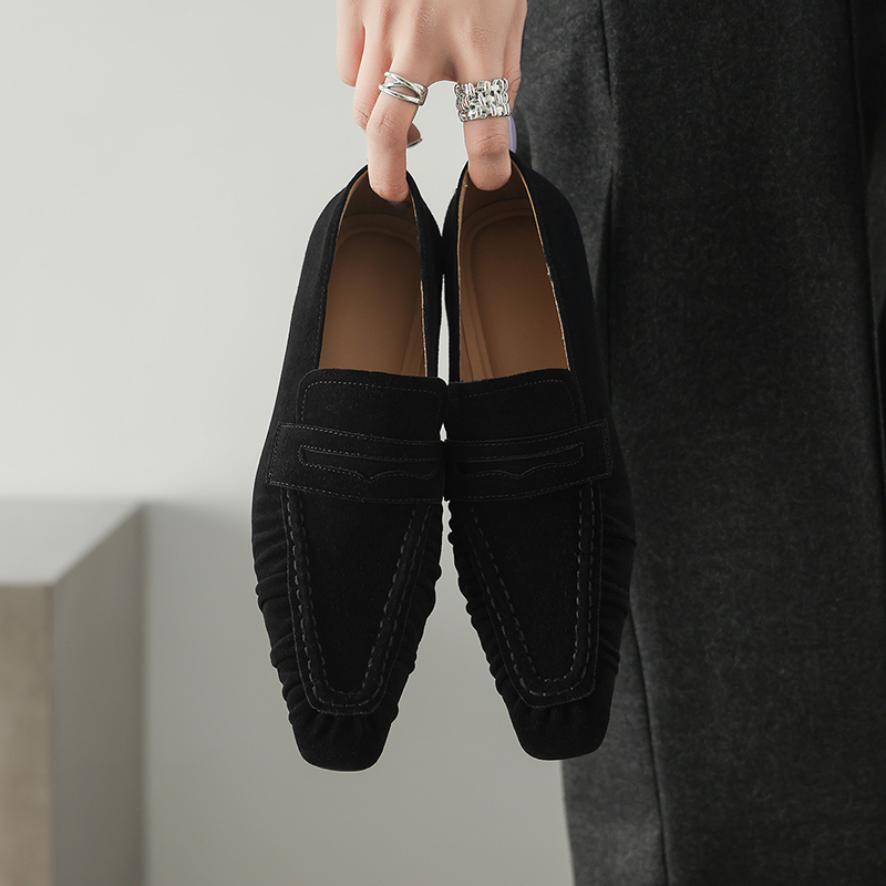 春の本革女性パンプスファッションプリーツスクエアトゥシューズ - Leather Work Heels のレビューと価格