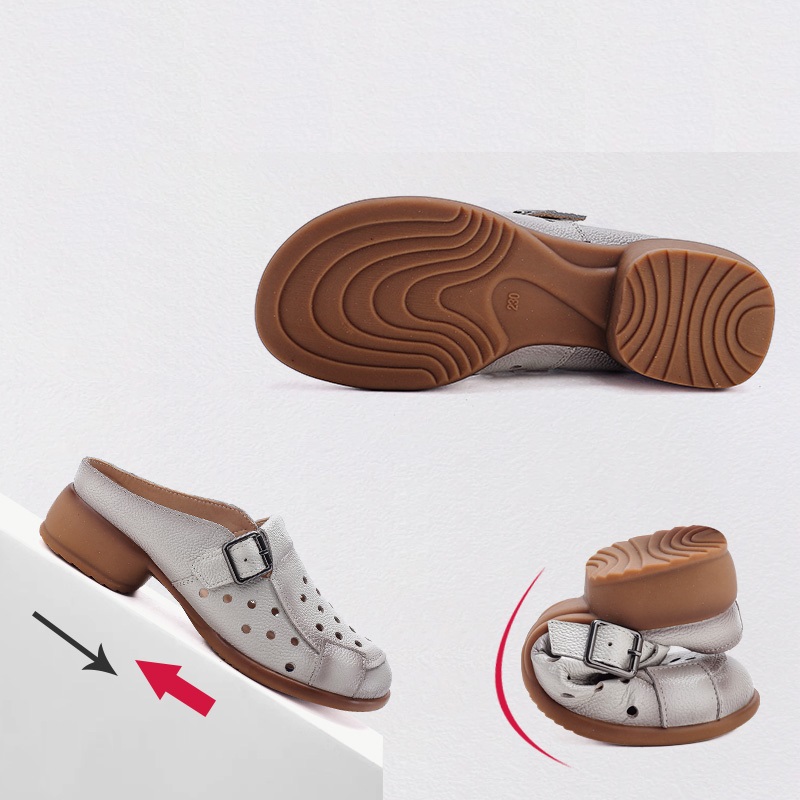 新しい牛革製ローヒールサンダル レディース ホローアウト ミ - Leather Work Heels のレビューと価格